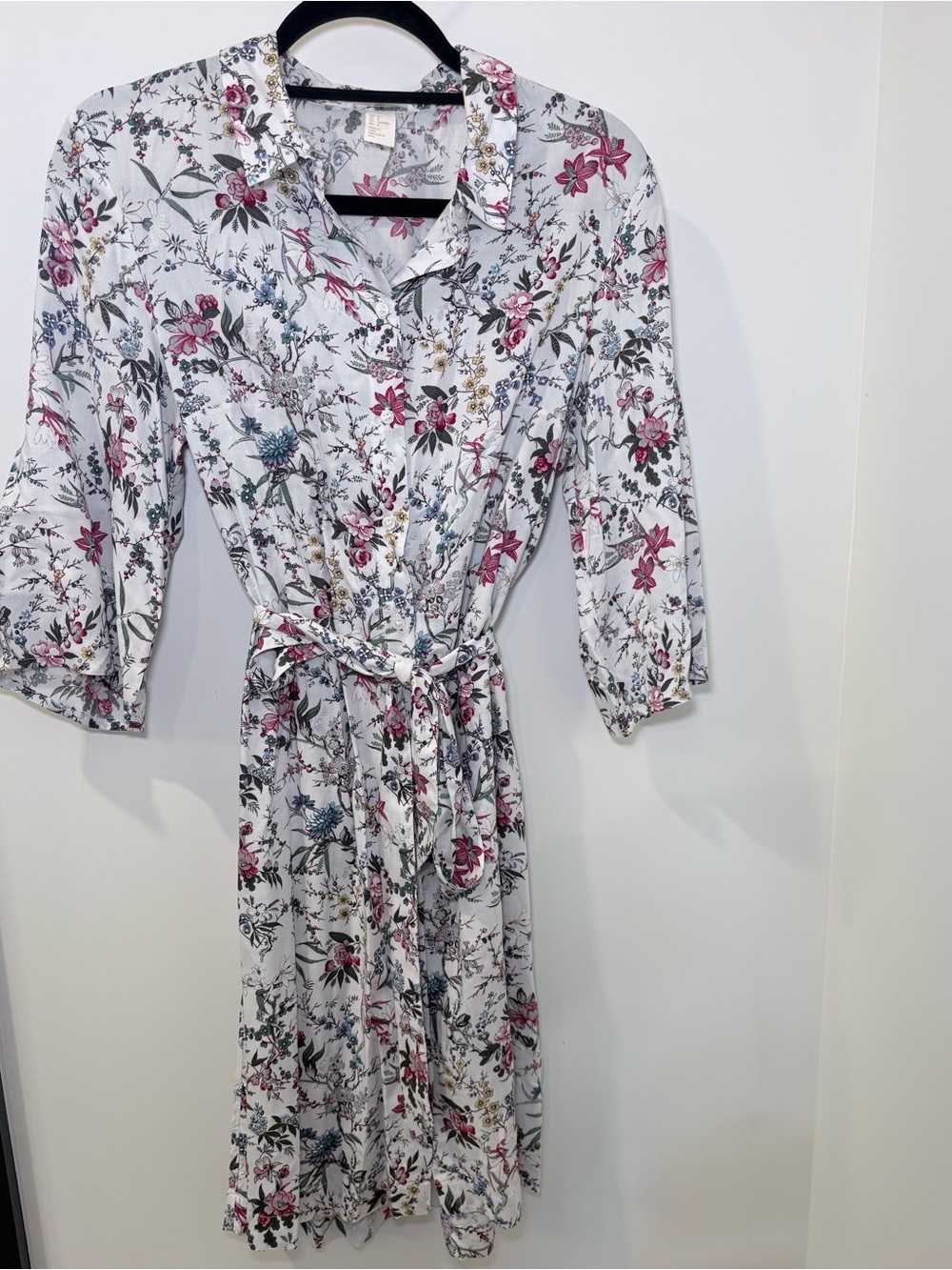 H&M Floral Shirt Dress White Pink Blue Tie Waist Size 8